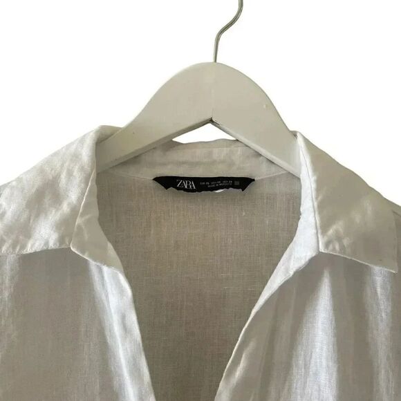 Zara Linen White Button-Down Collar Rolling Sleeves Solid Basic SZ XS #1215 - Picture 2 of 15
